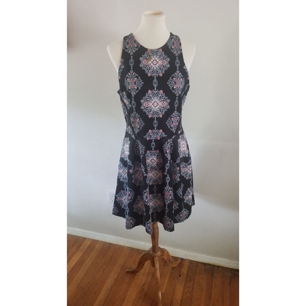 Black Printed Midi Skater Dress